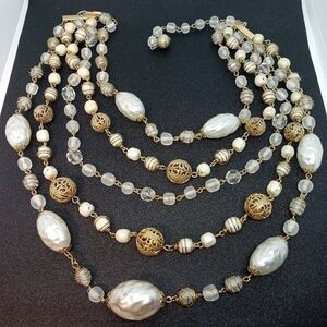 * vintage Kramer 5 strand faux baroque pearls & glass beads necklace 17.5" - 24"